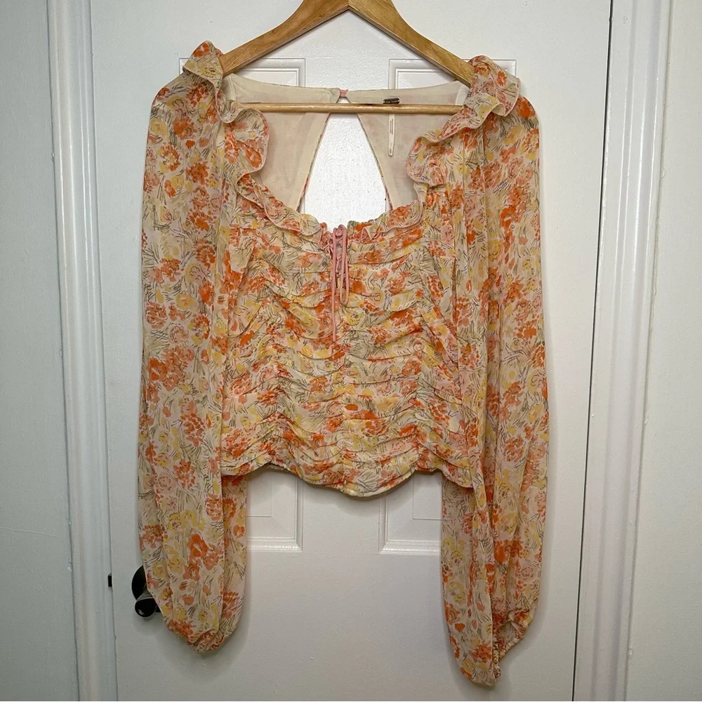FREE PEOPLE Mabel Floral Print Yellow Orange Ruched Long Sleeve Top Bohemian XS - Picture 4 of 12